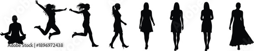 Silhouette of women in various poses including meditation, jumping, walking, and standing, black vector illustration, lifestyle and fashion concept