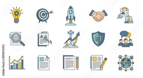 A colorful collection of business and startup icons for project management strategy and growth.