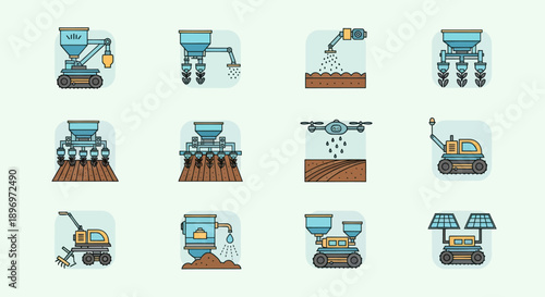 Collection of agricultural machinery and equipment icons for farming.