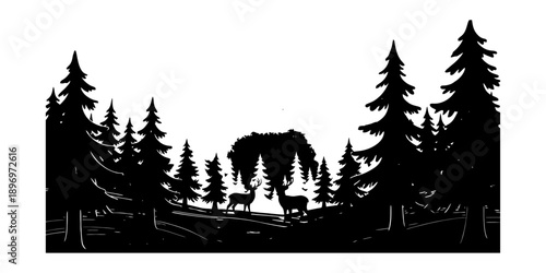 Dramatic forest landscape with deer and elk silhouettes against a bright white sky silhouette