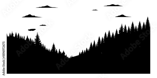 Dramatic mountain range and forest landscape in a stark black and white silhouette