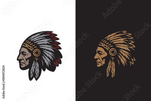 Native American chief head in profile view, featuring a traditional feather headdress. indigenous culture, history, and heritage vintage logo vector illustration design