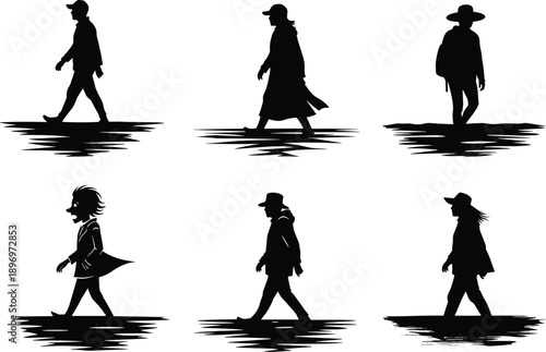 Silhouette of walking man and woman, urban silhouette, people walking, isolated human, fashionable walkers, walking in nature, creative shadows.