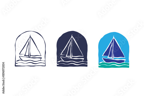Sailboat on the sea, presented in three color variations set. minimal nautical, marine and ocean themes vector design template illustration