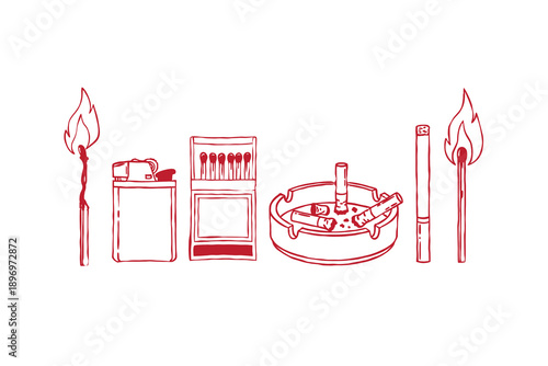 Smoking accessories doodle line style set. Cigarette, matches box, ashtray with butts, lighter, burning match. Hand drawn Vector illustration, bad habit, addiction template