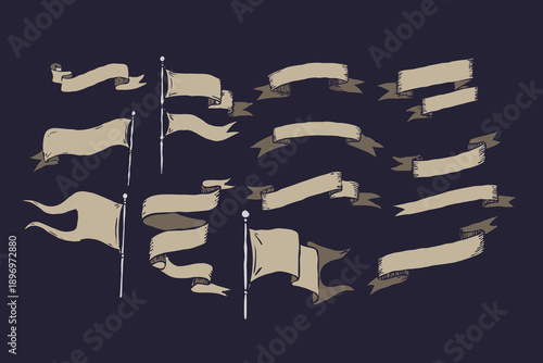 Ribbons cartoon hand drawn set. Vintage ribbon flags. Doodle empty banners, decorative text header, scroll frame, title for lettering. Vector sketch medieval decor elements design