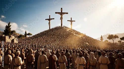 Massive crowd watches crucifixion on Golgotha hill, historical biblical scene