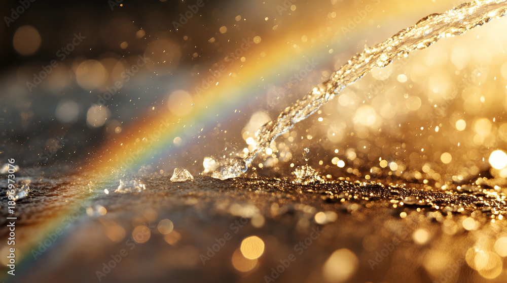 Fototapeta premium A mesmerizing water splash with a shimmering rainbow effect, capturing the beauty of light and water