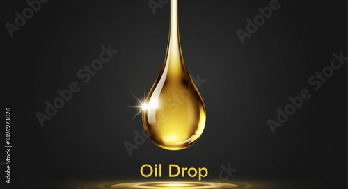 Golden oil drop falling with light reflection.