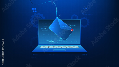 Cybersecurity Phishing Email Attack Concept, Laptop with Pop Up Email and Fishing Hook Symbol, Online Data Theft and Identity Fraud, Cyber Crime Threat, Email Scam Warning, Digital Security Risk