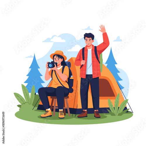 Cartoon illustration of a tourist with a backpack camping in the woods with a family enjoying an outdoor adventure