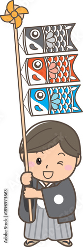 こいのぼりを持つ子どものイラスト｜端午の節句・子どもの日・春の行事素材