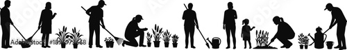 Silhouette of people gardening with plants and tools, men women and children working together outdoors, planting watering raking nature activity illustration