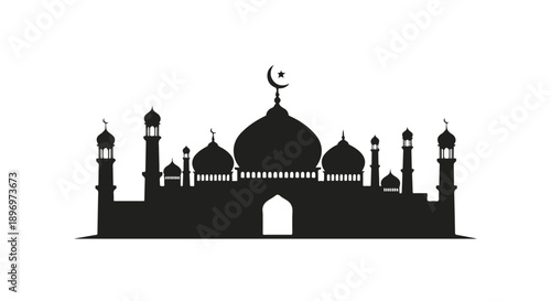 Black silhouette of a mosque with domes and minarets on a white background.
