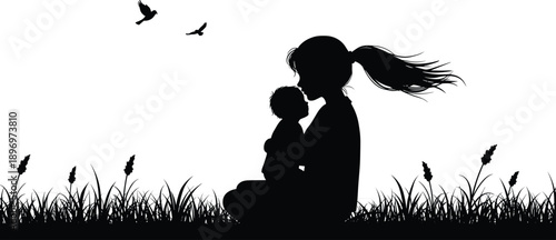 Silhouette of mother holding baby in grassy field with flying birds, maternal love, family bonding, peaceful outdoor moment, parent-child connection