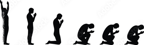Silhouette of man praying, worship stages, kneeling prayer sequence, black vector design, religion concept art, faith devotion poses, Islamic prayer steps, Christian worship silhouettes, 