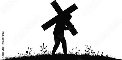 Silhouette of man carrying large Christian cross on hill with grass and flowers, symbolic of faith, sacrifice, hope, devotion
