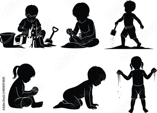 Silhouette of kids playing in the sand, building castles, digging, and enjoying childhood summer moments at the beach.