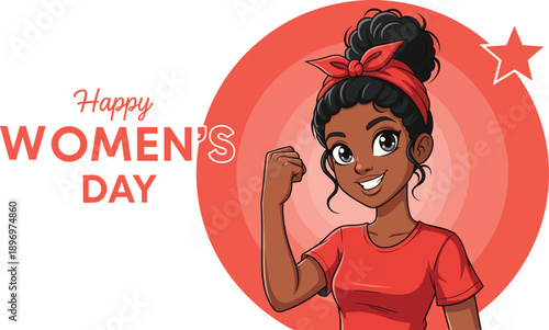 Cartoon woman flexing arm with empowering smile and red headband, perfect for Women’s Day, strength, equality, celebration, and feminist vector illustration themes.
