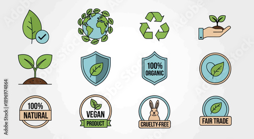 Collection of Eco-Friendly and Sustainable Icons: Vegan Organic Fair Trade Cruelty-Free and Natural.