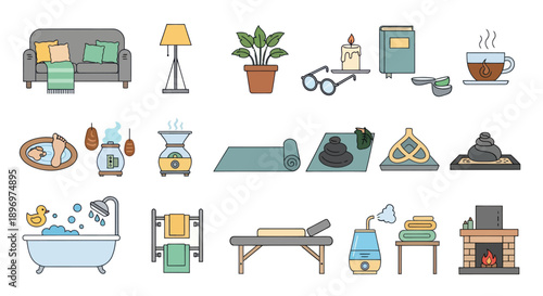 Collection of Cozy Home and Relaxation Objects.