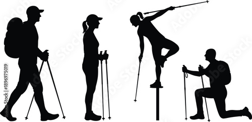 Silhouette of hikers trekking with poles, outdoor adventure group, mountaineers climbing, hiking people, nature exploration, travel activity, isolated vector illustration