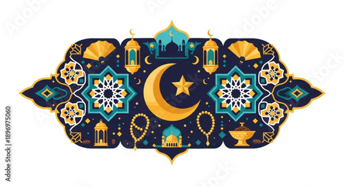 Islamic cultural decorative banner with crescent moon and stars.