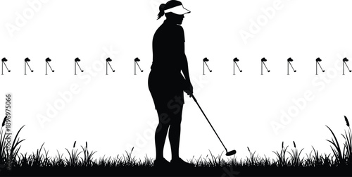 Silhouette of female golfer holding club on grassy field, golf icons in background, outdoor sports, athletic lifestyle, professional golfing pose
