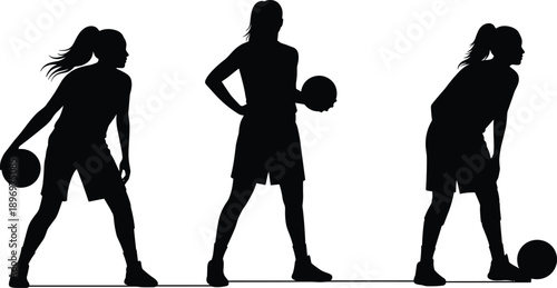Silhouette of female basketball player in various action poses, dribbling and holding ball, sports training vector illustration, black and white minimal design