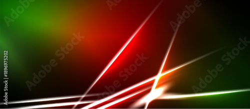 Abstract background features vibrant red, green gradients. Diagonal lines create dynamic energy, bright highlights emphasize movement. Dark areas provide contrast.