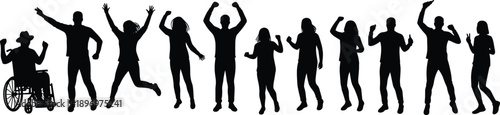 Silhouette of diverse people celebrating, dancing, jumping, man in wheelchair, men and women cheering, victory poses, happy group vector illustration design