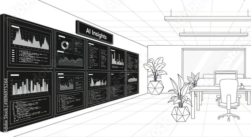 AI Insights Data Wall Displaying Complex Information and Analytics.