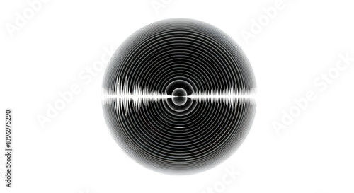 Abstract Black Concentric Circles with Central Bright Sound Wave Graphic.