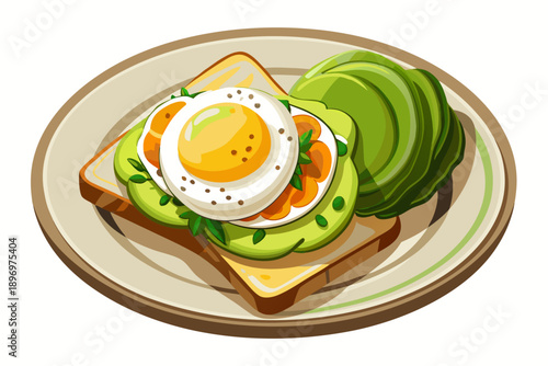 Sandwich with avocado and poached egg toast with sliced ​​avocado and egg on plate isolated on white background food photo top view