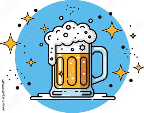 Cartoon beer mug with frothy foam and sparkles, perfect for celebration, refreshment, social events, party themes, and beverage illustration in festive vector style.