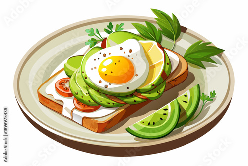 Sandwich with avocado and poached egg toast with sliced ​​avocado and egg on plate isolated on white background food photo top view