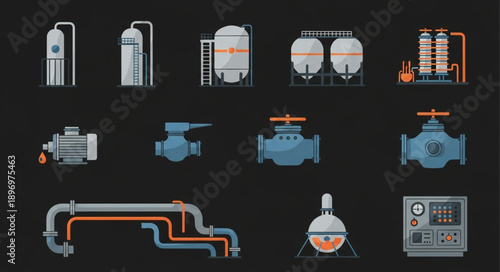 Industrial equipment and machinery icons set.