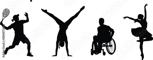 Silhouette of diverse athletes, tennis player, gymnast, wheelchair athlete, ballerina dancer, sports diversity, fitness concept, inclusive physical activity illustration