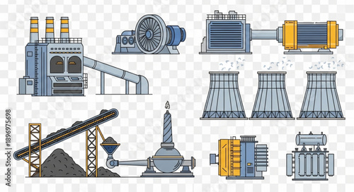 Industrial factory equipment and machinery elements collection.