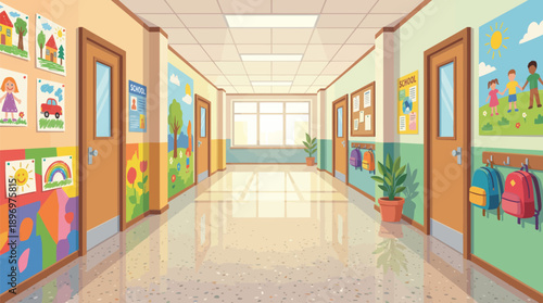 Bright empty school hallway interior with backpacks and children drawings vector illustration