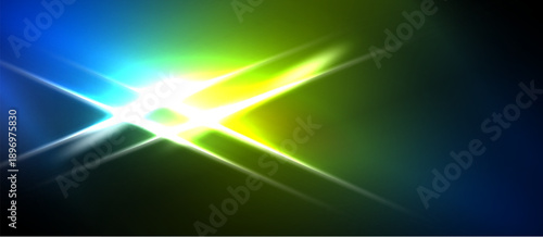 Bright light burst radiates from center. Blue, green, yellow hues blend into darkness. Dynamic energy, abstract visual effect.
