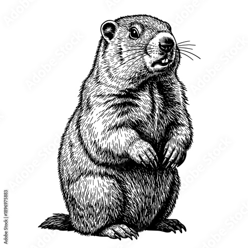 Groundhog standing upright with paws raised in black and white illustration  