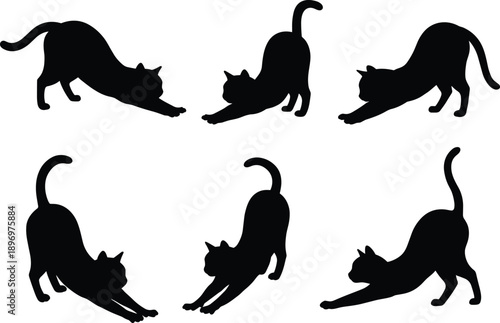 "Silhouette of Cats Stretching, Various Yoga Poses, Flexible and Relaxed, Black Cats in Motion, Playful and Healthy Lifestyle"