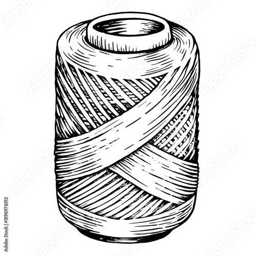 Spool of thread wrapped in artistic pattern on white background  