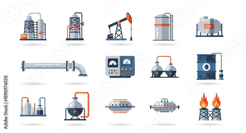 Industrial oil and gas processing plant equipment icons.
