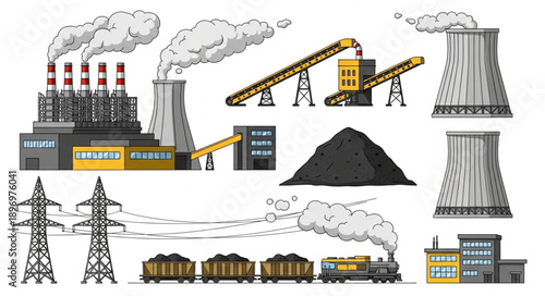 Industrial power plant and coal mining elements illustration.
