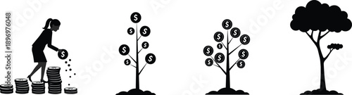 Silhouette of a woman investing coins to grow money trees, symbolizing financial growth, investment, savings, and wealth building.