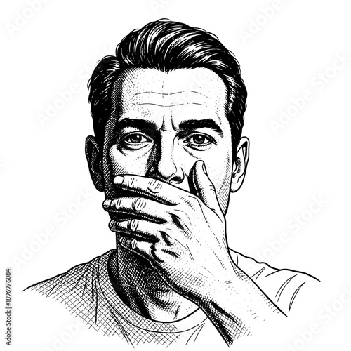 Man covering mouth with hand illustrating secrecy or silence  