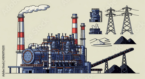 Industrial power plant with coal and transmission towers.