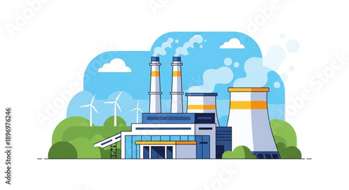 Industrial power plant with smoking chimneys and wind turbines.